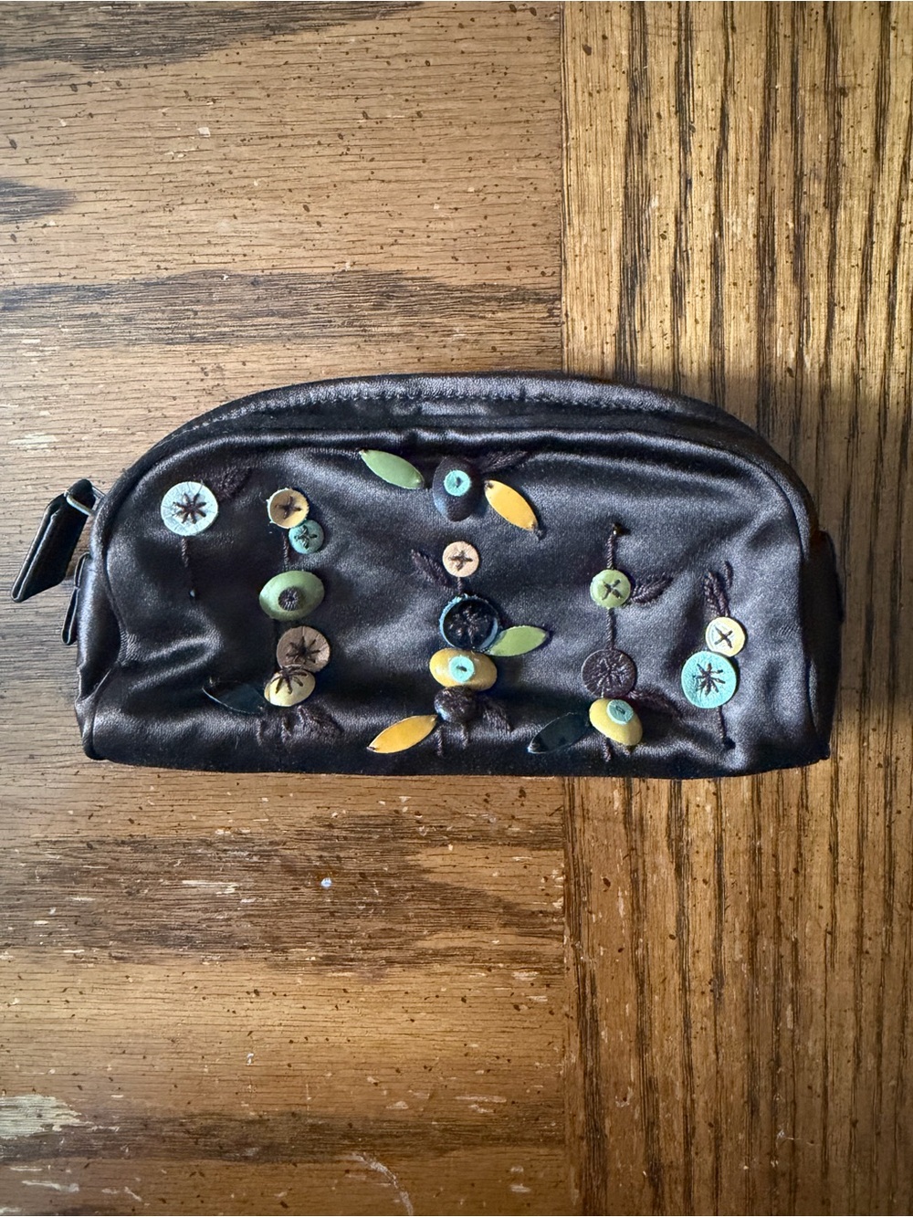 Prada Brown Satin Embroidered Button Cosmetic Pouch with Mirror
